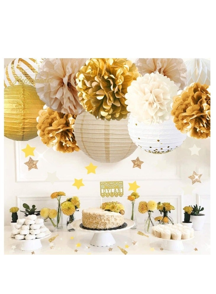 OASIS-TH Party Decorations, Gold White 11PCS Tissue Pom Poms Round Lantern Honeycomb Ball Paper Lantern Party Party Supplies for Rustic Vintage Wedding Bridal Shower Baby Shower Backdrop, Folding Lantern - Image 5