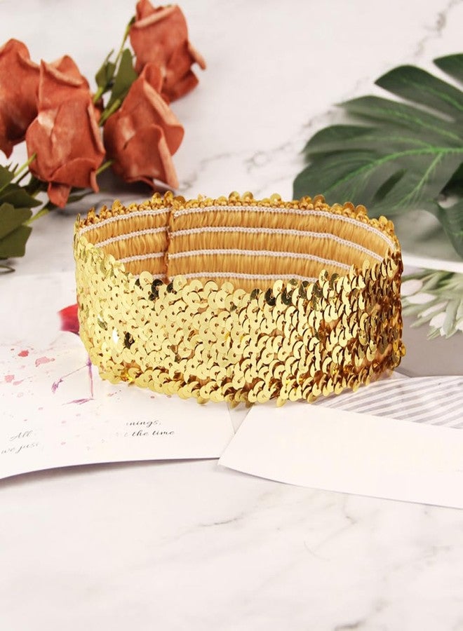 QUUPY 2Pcs Sequin Headband Elastic Sparkly Headband Glitter Headband Sports Shiny Style Headdress for Dance Party Accessories(Gold) - Image 5