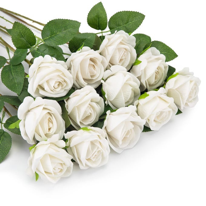 12 PCS ARTIFICIAL ROSES FAKE FLANNEL FLOWERS SINGLE LONG STEM BLOOMS WITH ROSE BUDS DECORATIVE FLOWERS FOR WEDDING HOME GARDEN BIRTHDAY PARTY DECORATION WHITE