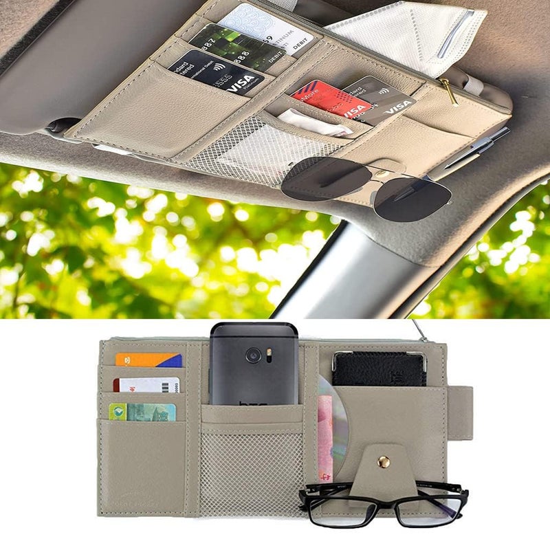 BIRDLINE Car Sun Visor Organizer, Leather Storage Multi-Pocket Sun Visor Pouch with Zipper for Card License Registration Pen Glasses Document, Fits Most Car, Sheddan & SUV, Auto Interior Accessories. - Image 1