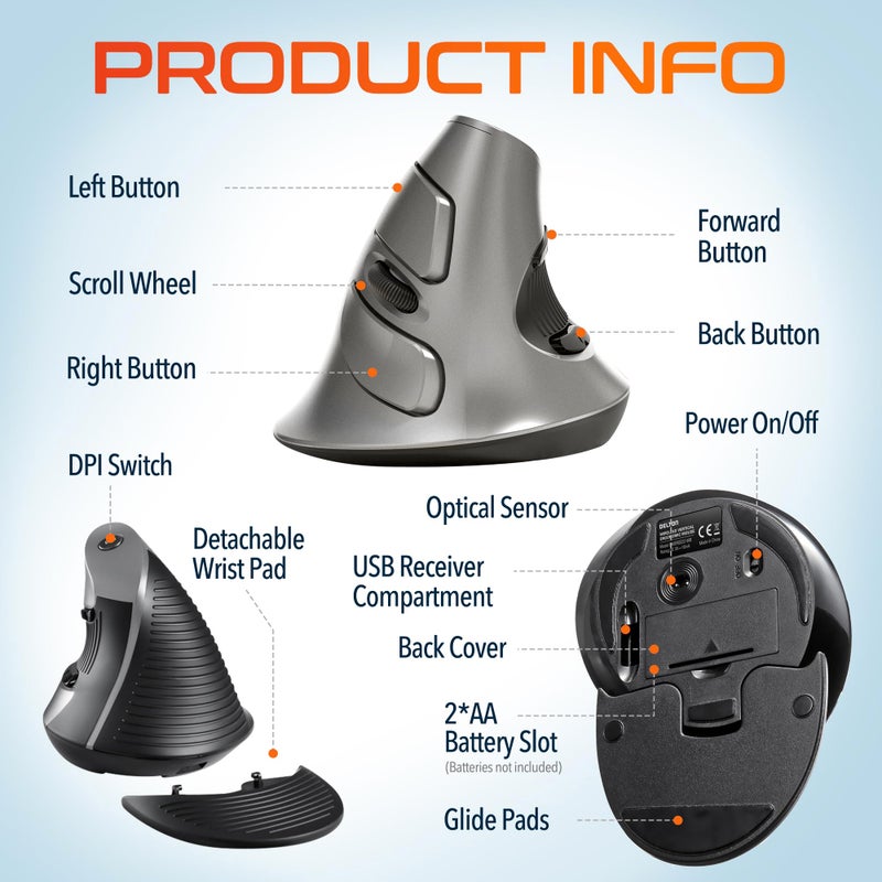 Delton فأرة ديلتون S22 العمودية اللاسلكية، تصميم مريح، دونجل USB 2.4G، 6 أزرار، 3 مستويات DPI قابلة للتعديل (800/1600/2400)، مسند كف قابل للإزالة، نقرة صامتة ومتانة لجهاز الكمبيوتر، اللابتوب، ماك بوك - أسود - Image 3