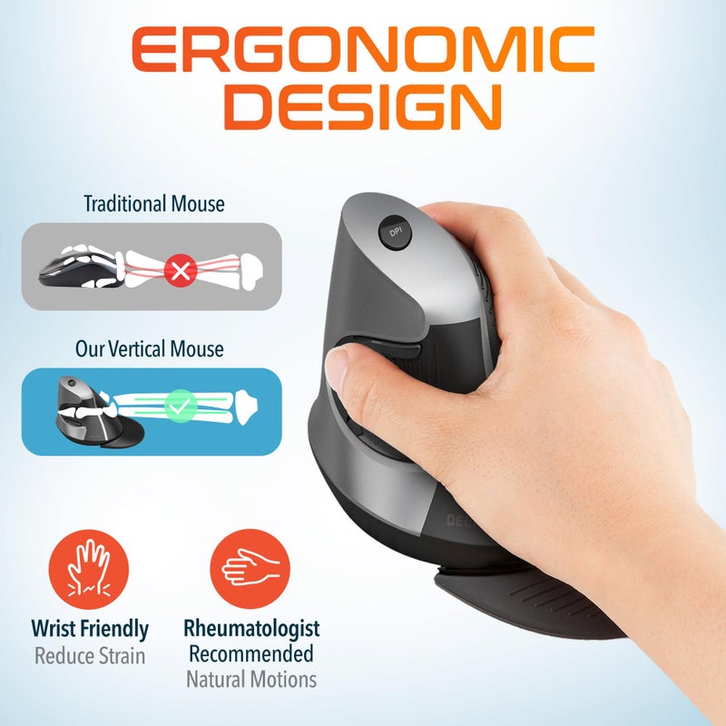 Delton فأرة ديلتون S22 العمودية اللاسلكية، تصميم مريح، دونجل USB 2.4G، 6 أزرار، 3 مستويات DPI قابلة للتعديل (800/1600/2400)، مسند كف قابل للإزالة، نقرة صامتة ومتانة لجهاز الكمبيوتر، اللابتوب، ماك بوك - أسود - Image 2