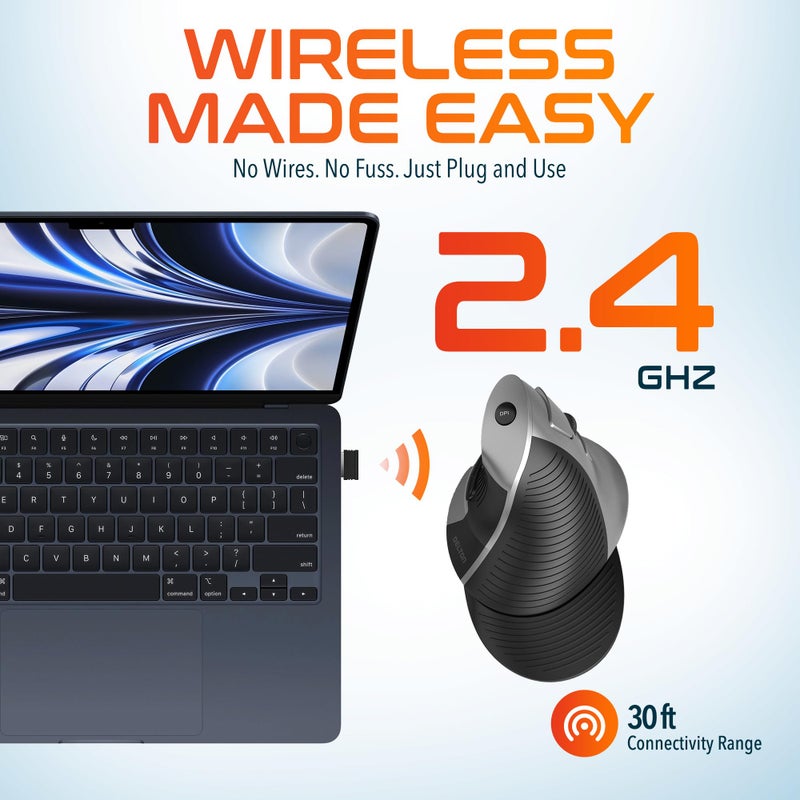 Delton فأرة ديلتون S22 العمودية اللاسلكية، تصميم مريح، دونجل USB 2.4G، 6 أزرار، 3 مستويات DPI قابلة للتعديل (800/1600/2400)، مسند كف قابل للإزالة، نقرة صامتة ومتانة لجهاز الكمبيوتر، اللابتوب، ماك بوك - أسود - Image 5