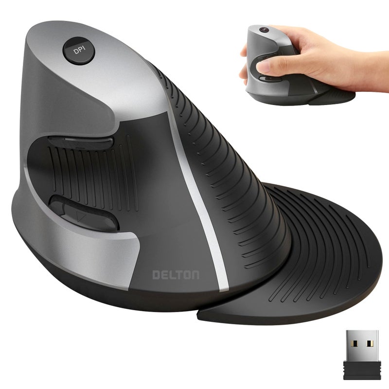 Delton فأرة ديلتون S22 العمودية اللاسلكية، تصميم مريح، دونجل USB 2.4G، 6 أزرار، 3 مستويات DPI قابلة للتعديل (800/1600/2400)، مسند كف قابل للإزالة، نقرة صامتة ومتانة لجهاز الكمبيوتر، اللابتوب، ماك بوك - أسود - Image 1