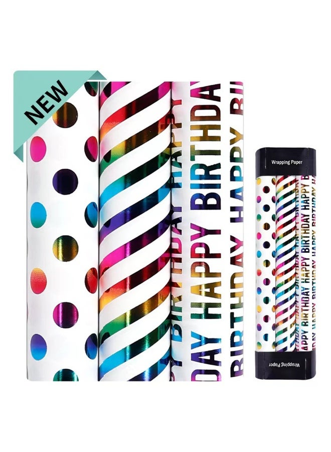Birthday Wrapping Paper Rolls, 3 rolls 43CM x 3M Per Roll, Gift Wrapping Paper Colorful Birthday Design for Party, Holiday, Baby Shower - Image 1
