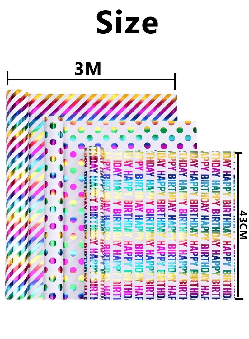 Birthday Wrapping Paper Rolls, 3 rolls 43CM x 3M Per Roll, Gift Wrapping Paper Colorful Birthday Design for Party, Holiday, Baby Shower - Image 3