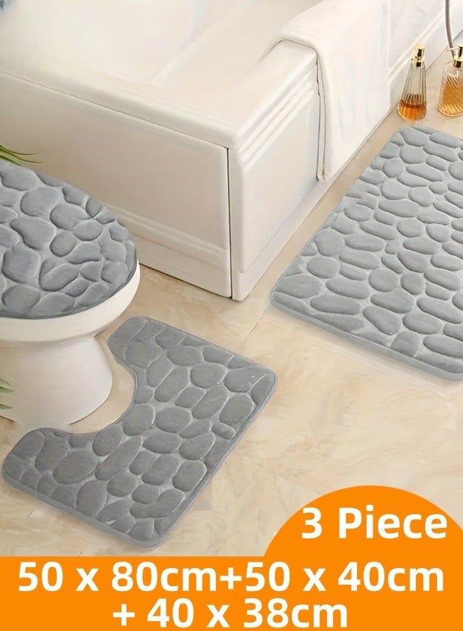 Bathroom Rugs Sets 3 Piece,Cobblestone Flannel Bathroom Mats Set Extra Thick, Non Slip Bath Mats for Bathroom, Water Absorbent, Washable Bath Rugs for Tub, Toilet and Floor - Image 1
