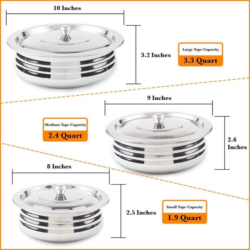 CRAFTONE Stainless Steel Heavy Duty Induction Cooking Pot Cook and Serve Handi With Lid Set of 3 pcs, Premium Steel Tope, Patila Handi for both cooking and serving (1.9 Qt, 2.4 Qt and 3.3 Quart) - Image 2