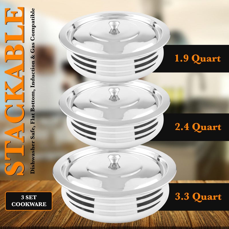 CRAFTONE Stainless Steel Heavy Duty Induction Cooking Pot Cook and Serve Handi With Lid Set of 3 pcs, Premium Steel Tope, Patila Handi for both cooking and serving (1.9 Qt, 2.4 Qt and 3.3 Quart) - Image 5