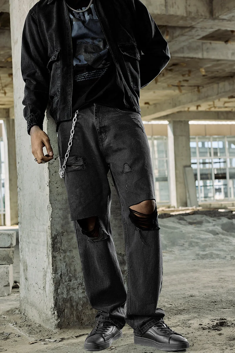 سنيتش Black Solid Wide Leg Streetwear Jeans