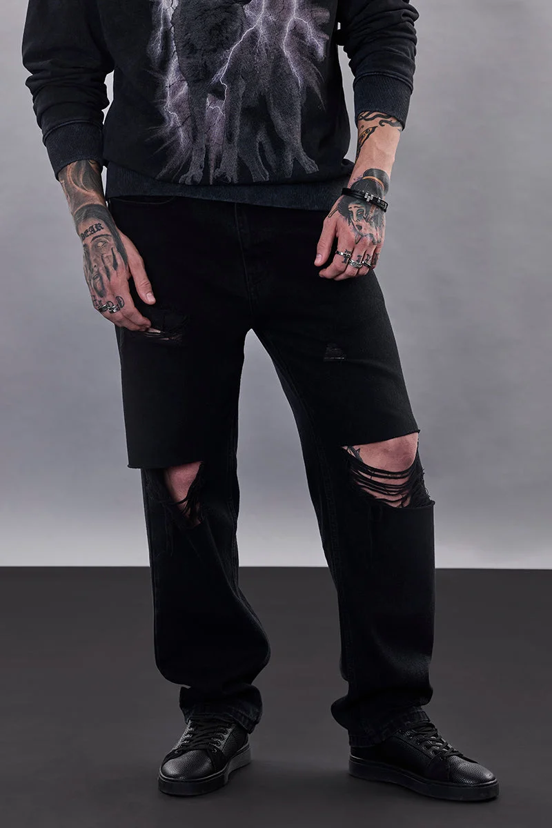 سنيتش Black Solid Wide Leg Streetwear Jeans