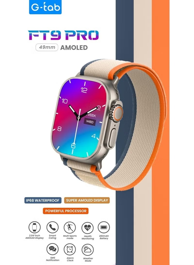 G-Tab FT9 Pro Smartwatch 49mm – Super AMOLED Display, Bluetooth Calling, IP68 Waterproof, Heart Rate & Sleep Monitoring, Multi-Sport Fitness Tracking, Smart Notifications, Long Battery Life, Charging Cable Included – Unisex Silver - Image 3