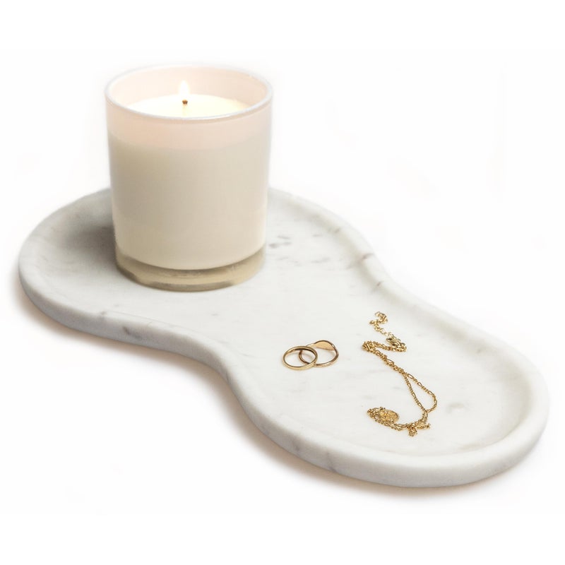 STRONA Large Curved Edge Marble Tray 14" x 7.8" â€“ Natural Stone Vanity Tray for Perfume & Jewelry, Elegant White Marble Decor for Bathroom Countertop & Kitchen Counter, Modern Catchall for Keys & Candles - Image 1