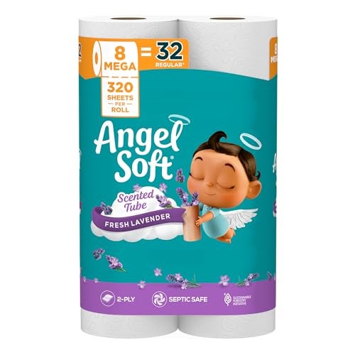 Angel Soft Toilet Paper with Fresh Lavender Scented Tube, 8 Mega Rolls = 32 Regular Rolls, Soft and Strong Toilet Tissue - Image 1