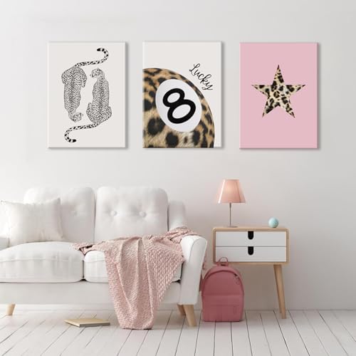 Hwetui Trendy Leopard Canvas Wall Art Set of 3 Funky Lucky 8 Ball Posters Prints Preppy Room Aesthetic Painting Cheetah Wall Decor Pictures for Girls Bedroom Apartment Dorm 16x24 Inch Framed - Image 3