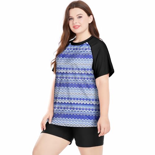 Davena Plus Size Rash Guard for Women 2 Piece Big Size Swimsuits Short Sleeve Bathing Suit with Bottom UV UPF 50+(Balck,Blue Geometry,4X) - Image 2