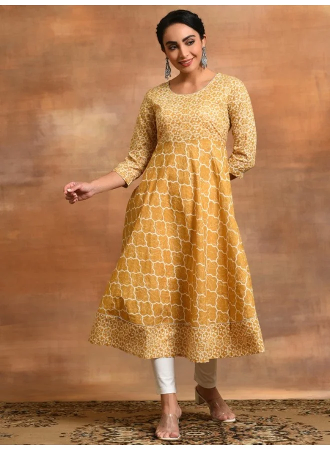 AKS Mustard & White Printed Lurex Design Flared Anarkali Kurta