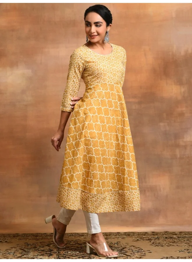 AKS Mustard & White Printed Lurex Design Flared Anarkali Kurta