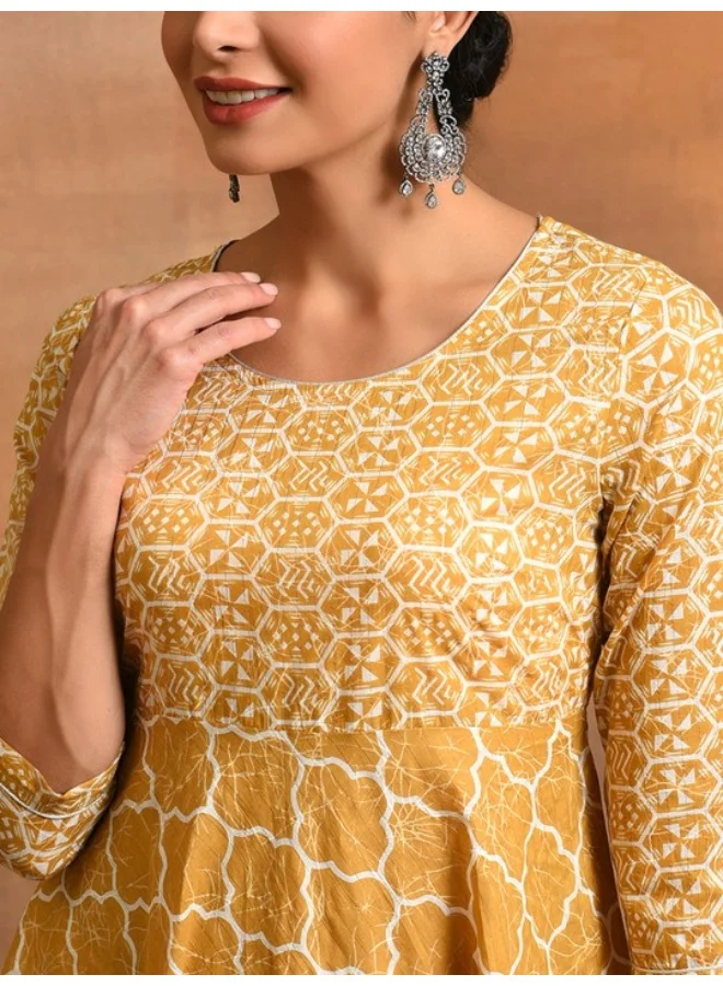 AKS Mustard & White Printed Lurex Design Flared Anarkali Kurta