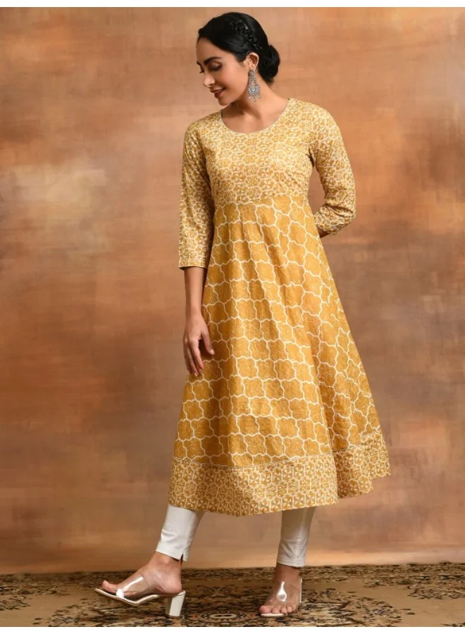 AKS Mustard & White Printed Lurex Design Flared Anarkali Kurta