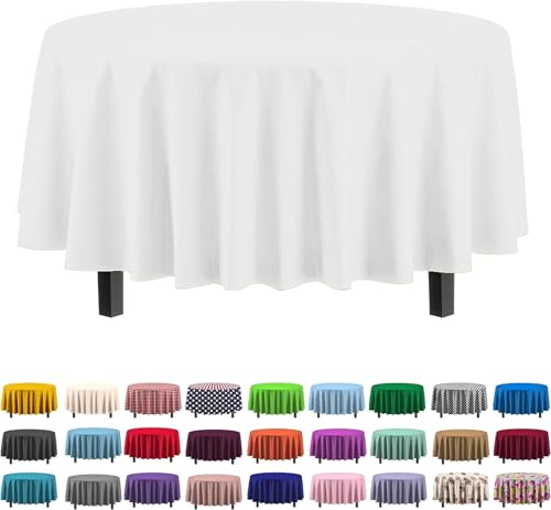 Exquisite 12-Pack Premium Plastic Tablecloth 84in. Round Table Cover - White - Image 1
