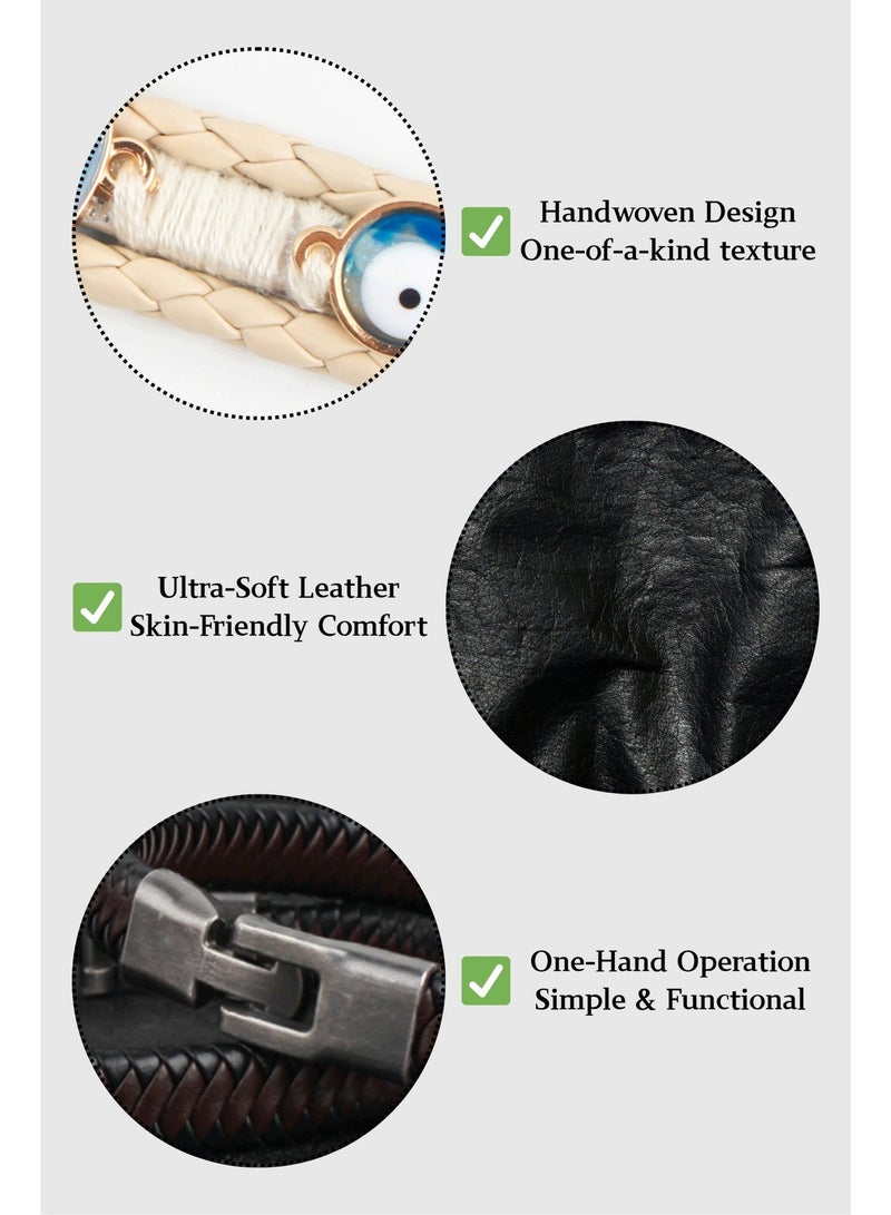 Evil Eye Bracelet - Handmade White Braided Leather Protection Wristband with Blue Eye Glass Charm, Boho Woven Rope Bracelet for Men & Women, Adjustable Metal Clasp (20.5cm) - Image 5