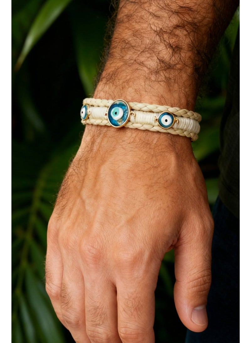 Evil Eye Bracelet - Handmade White Braided Leather Protection Wristband with Blue Eye Glass Charm, Boho Woven Rope Bracelet for Men & Women, Adjustable Metal Clasp (20.5cm) - Image 1