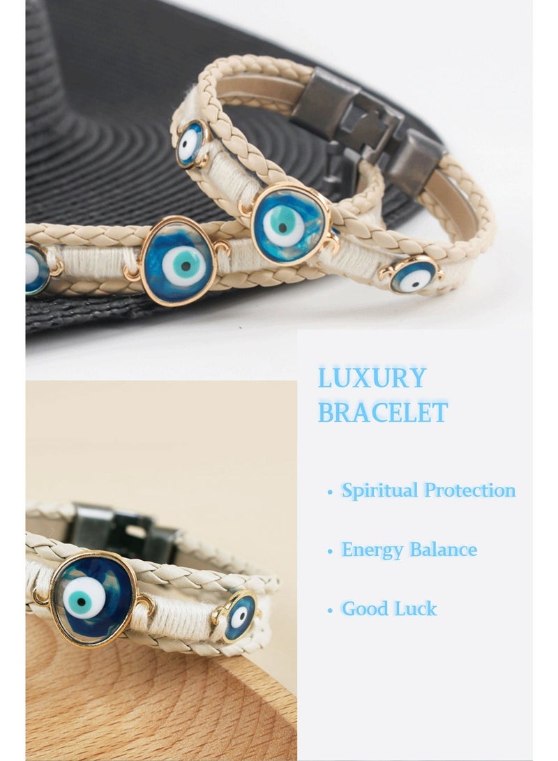 Evil Eye Bracelet - Handmade White Braided Leather Protection Wristband with Blue Eye Glass Charm, Boho Woven Rope Bracelet for Men & Women, Adjustable Metal Clasp (20.5cm) - Image 3