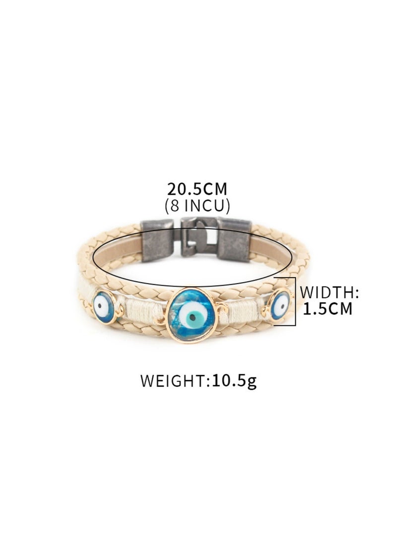 Evil Eye Bracelet - Handmade White Braided Leather Protection Wristband with Blue Eye Glass Charm, Boho Woven Rope Bracelet for Men & Women, Adjustable Metal Clasp (20.5cm) - Image 4