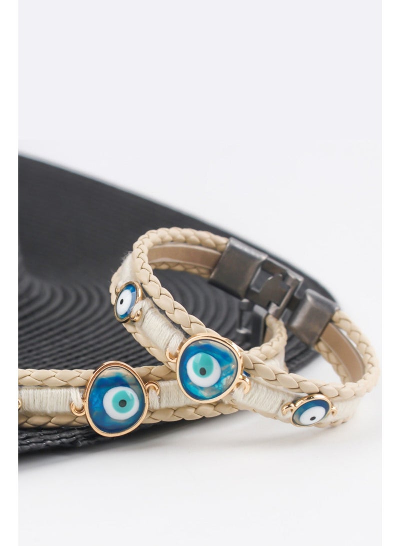 Evil Eye Bracelet - Handmade White Braided Leather Protection Wristband with Blue Eye Glass Charm, Boho Woven Rope Bracelet for Men & Women, Adjustable Metal Clasp (20.5cm) - Image 2