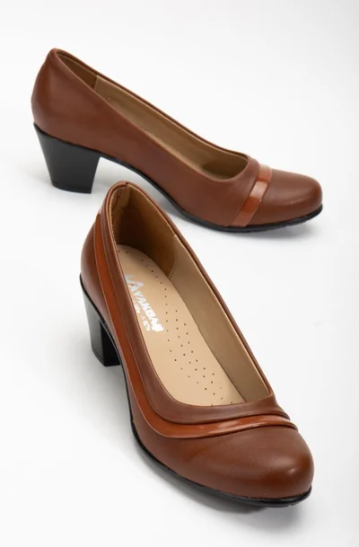 Dilimler Ayakkabı Patent Leather and Leather Ready Sole Tan Women's Daily Classic High Heel Shoes