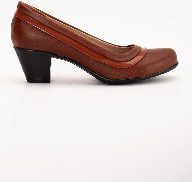 Dilimler Ayakkabı Patent Leather and Leather Ready Sole Tan Women's Daily Classic High Heel Shoes