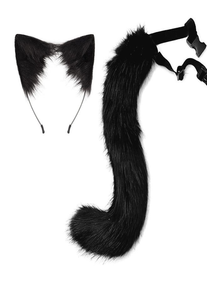Moyubath Cat Ears Headband Wolf Fox Tail Set Handmade Animal Cosplay Costume Faux Fur Headdress Party Accessories (Black) - Image 1