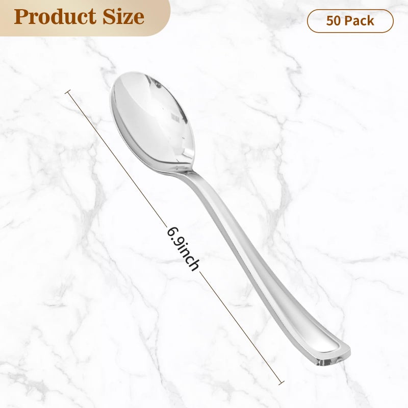 BESTVIP 50 Pack 6.9 Inch Silver Plastic Spoons  Heavy Duty Plastic Silverware  Heavyweight Silver Disposable Spoons  Disposable Serving Utensils for Catering  Parties  Dinners  Weddings - Image 2
