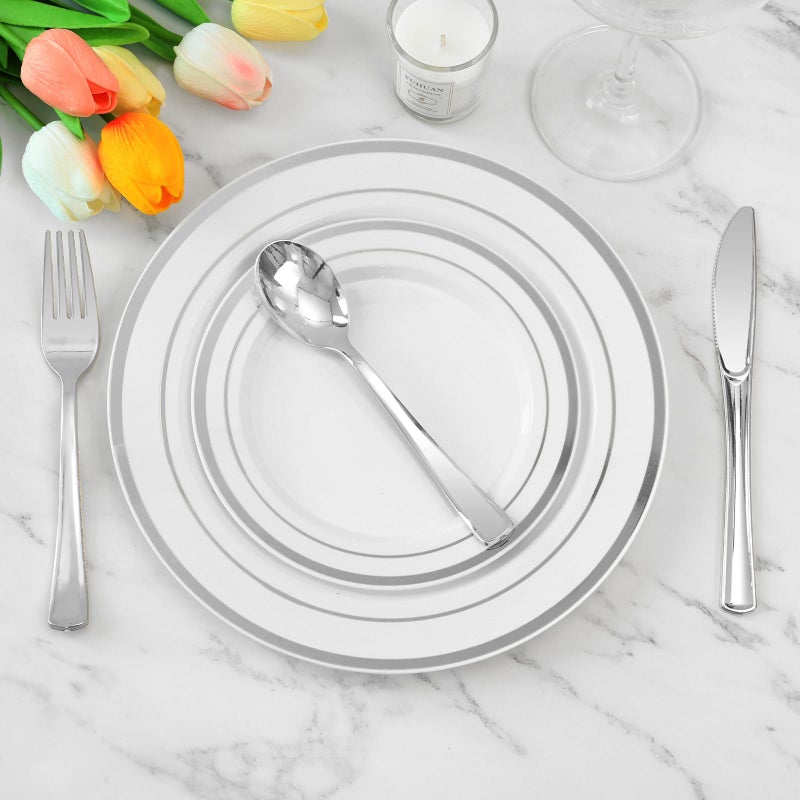 BESTVIP 50 Pack 6.9 Inch Silver Plastic Spoons  Heavy Duty Plastic Silverware  Heavyweight Silver Disposable Spoons  Disposable Serving Utensils for Catering  Parties  Dinners  Weddings - Image 5