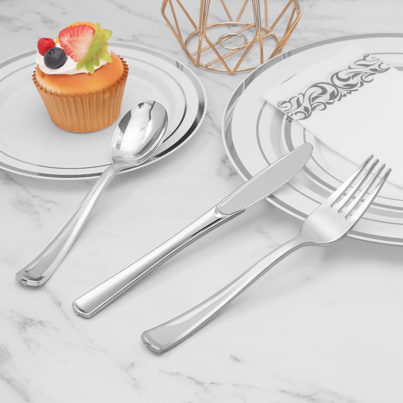 BESTVIP 50 Pack 6.9 Inch Silver Plastic Spoons  Heavy Duty Plastic Silverware  Heavyweight Silver Disposable Spoons  Disposable Serving Utensils for Catering  Parties  Dinners  Weddings - Image 4