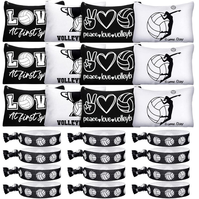 Sotiff Sotiff Volleyball Cosmetic Bag and Sport Hair Scrunchies, 24 Pcs, Canvas Makeup Bags, Volleyball Hair Ties Elastic Hair Bands Ponytail Holders for Women Girls Team Gifts, Cute Style