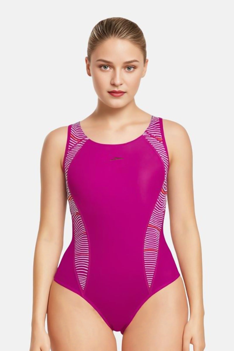speedo Women One Piece Graphic Print Sports Swimsuit, Purple - Image 1