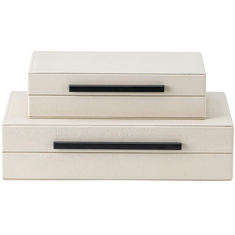 XIGEXIGE Set of 2 Beige Shagreen Decorative Storage Boxes with Black Metal Handles Faux Leather Large Modern Stackable Nesting Jewelry Box with Lids Organizer - Image 2