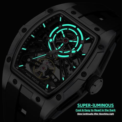 MF MINI FOCUS Unique Men Watches,Automatic Mechanical Watch,Luxury Hollow Tonneau Watches for Men with Stainless Steel Case and Silicon Band (Self-Wind Movement/5ATM Waterproof/Super_Luminous) - Image 4