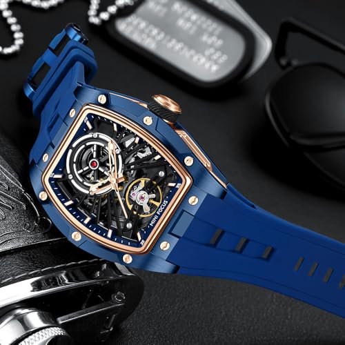 MF MINI FOCUS Unique Men Watches,Automatic Mechanical Watch,Luxury Hollow Tonneau Watches for Men with Stainless Steel Case and Silicon Band (Self-Wind Movement/5ATM Waterproof/Super_Luminous) - Image 2