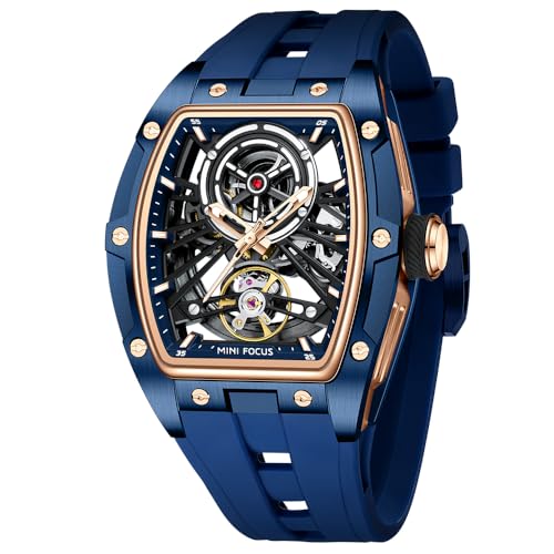 MF MINI FOCUS Unique Men Watches,Automatic Mechanical Watch,Luxury Hollow Tonneau Watches for Men with Stainless Steel Case and Silicon Band (Self-Wind Movement/5ATM Waterproof/Super_Luminous) - Image 1