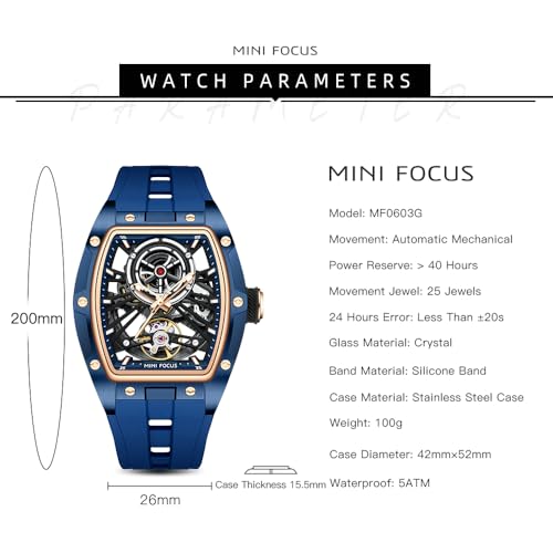 MF MINI FOCUS Unique Men Watches,Automatic Mechanical Watch,Luxury Hollow Tonneau Watches for Men with Stainless Steel Case and Silicon Band (Self-Wind Movement/5ATM Waterproof/Super_Luminous) - Image 5
