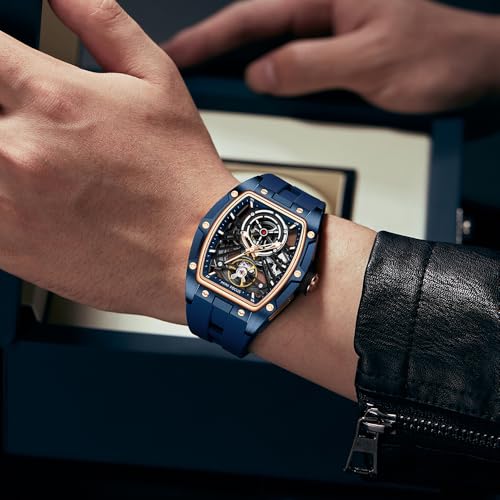 MF MINI FOCUS Unique Men Watches,Automatic Mechanical Watch,Luxury Hollow Tonneau Watches for Men with Stainless Steel Case and Silicon Band (Self-Wind Movement/5ATM Waterproof/Super_Luminous) - Image 3