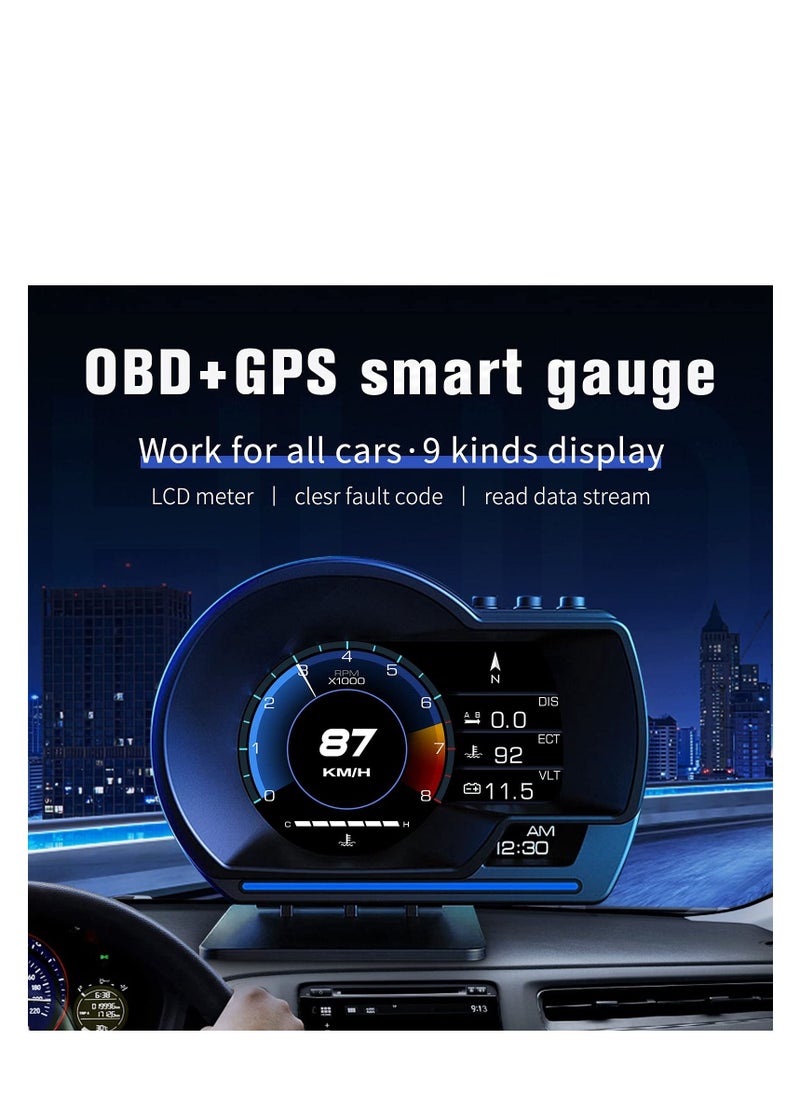 Excefore - Car HUD Head Up Display P6, OBD Gauge Display+GPS Speedometer Dual System Smart Gauge Display, speed alarm, water temperature alarm, Works Great for Most Cars - Image 1
