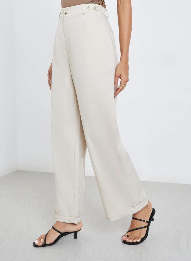Styli Styli Cream Tapered Fit Pants with Buttons