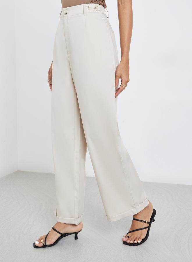 Styli Cream Tapered Fit Pants with Buttons - Image 2