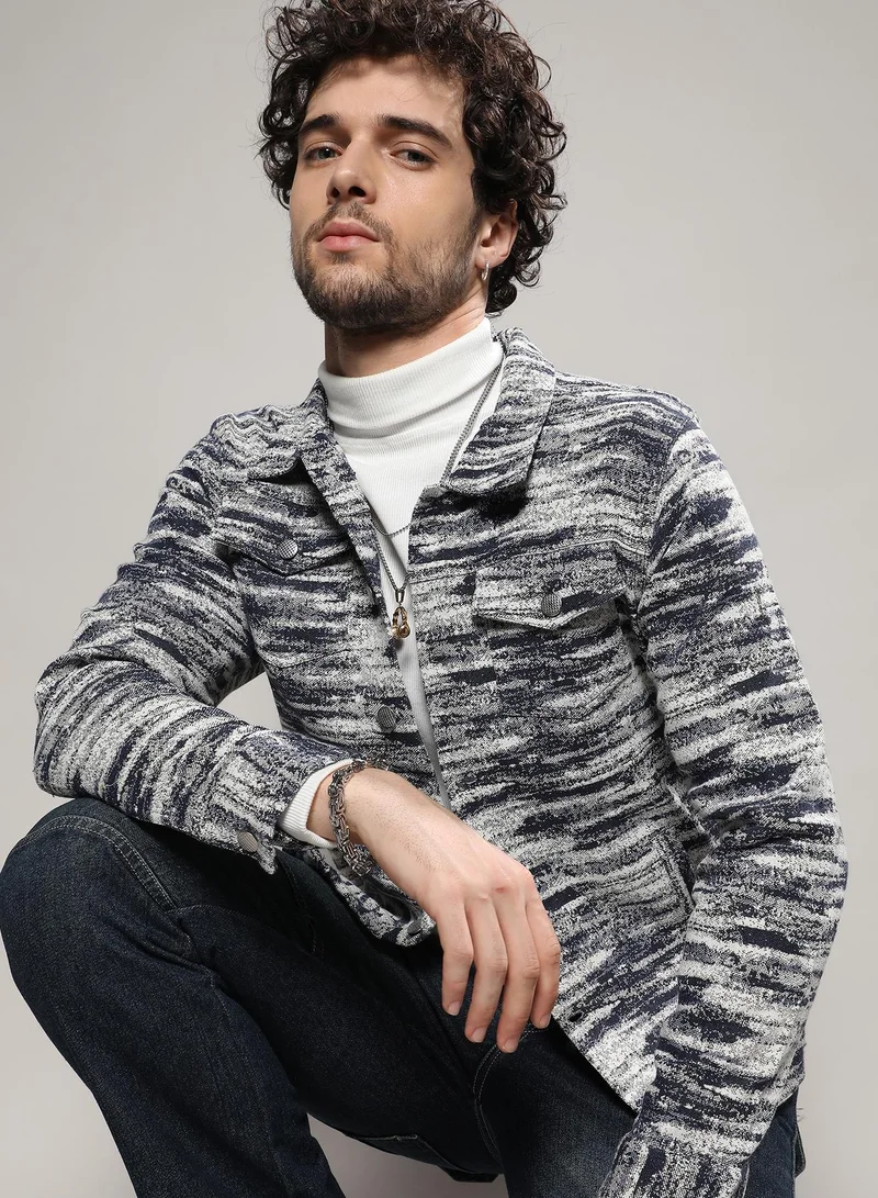 Campus Sutra Men's Navy Blue & Chalk White Contrast Denim Heathered Jacket