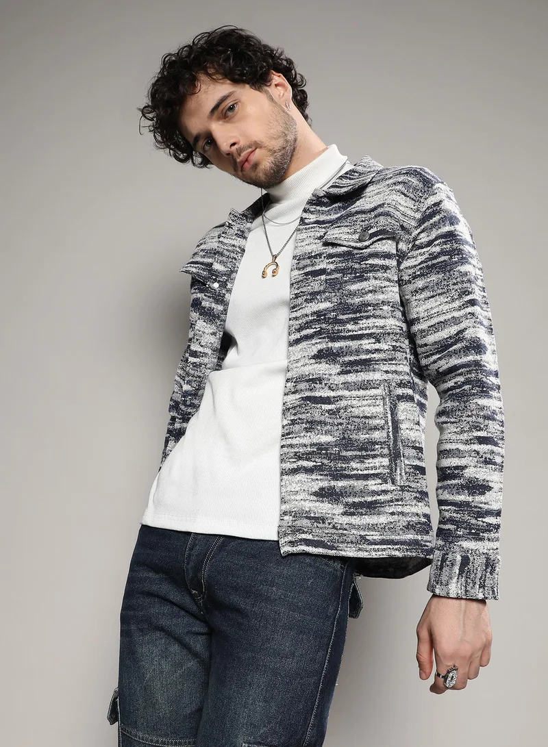 Campus Sutra Men's Navy Blue & Chalk White Contrast Denim Heathered Jacket