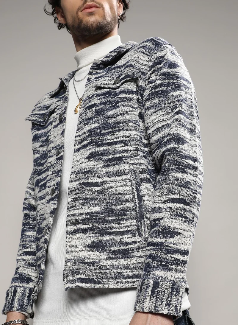Campus Sutra Men's Navy Blue & Chalk White Contrast Denim Heathered Jacket